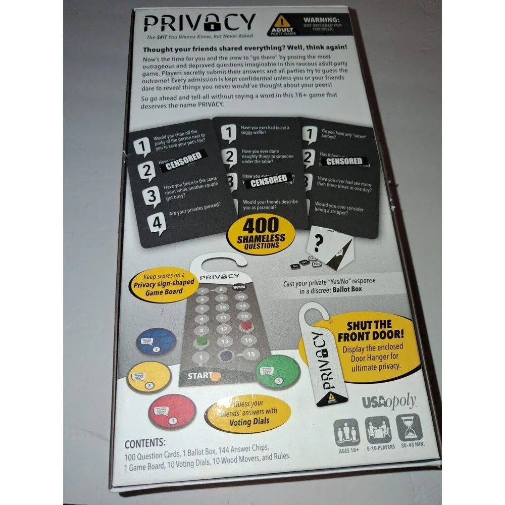 Privacy Adult Party Game Complete USAopoly 2018 Ages 18+ Funny Game Night